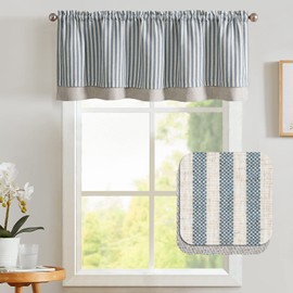 TOPICK Double Layer Linen Panel Curtain Stripes Kitchen Curtain Small Window Curtain Opaque Striped Curtain Blackout Country House Bistro Curtain for Dining Room 1 Piece 125 x 45 cm Blue on Beige
