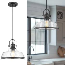 kudos Seeded Glass Pendant Light Kitchen Island, Adjustable Cord, Black Farmhouse Kitchen Light Fixture,KDPL13-BK-S