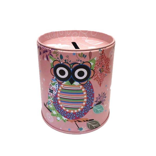 Owl Piggy Bank Tin Save Spend Share Giving Coin Money Can Keepsake Home Bedroom Nursery Party Decor Ornament Pen Pencil Brushes Holder Stationery Dresser Organizer Cup Kids Boys Girls Adults - Pink