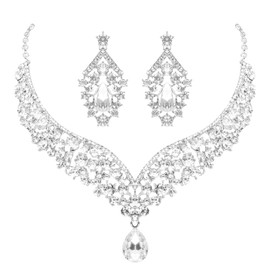 Hapibuy Crystal Bridal Wedding Necklace and Earrings Jewelry Set For Women and Brides