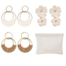 CRFASIBE 3 Pairs Women Floral Petal Rattan Earrings, Boho Summer Beach Dangle Straw Earrings, Raffia Stud Jewellery Set with Gift Bag for Ladies Girls (Style D)