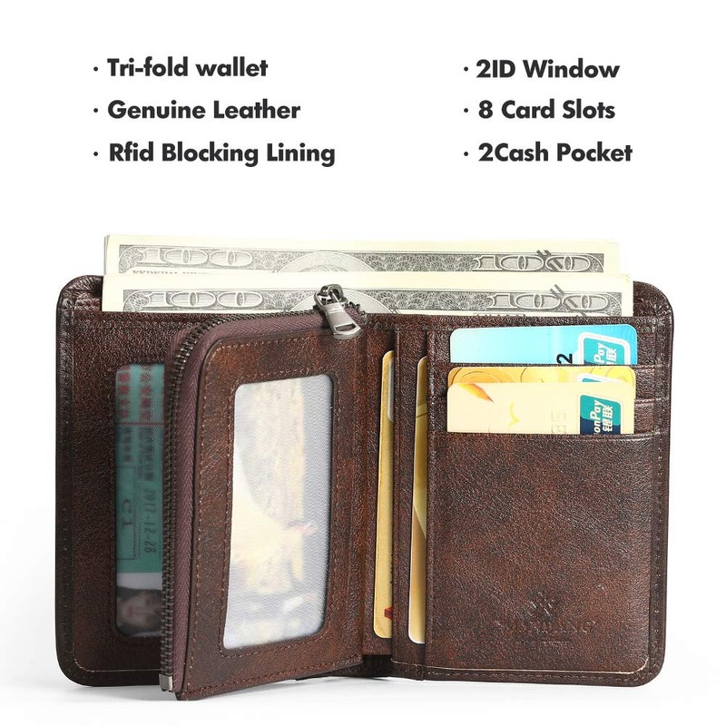 MANBANG Mens Wallet Zipper Genuine Leather RFID Card Holders Cowhide