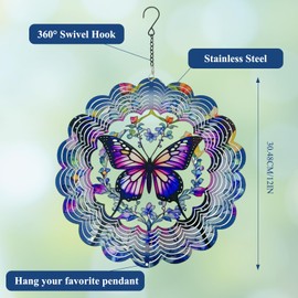 Wind Spinners Outdoor, 12 Inch 3D Garden Hanging Wind Spinners, Garden Decoration, for Terrace, Patio, Outdoor, Birthday Gifts for Women, Mom, Grandma (Purple)