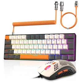 ZIYOU LANG RK-T60 Wired Mechanical Gaming Keyboard and Mouse Combo Mini Portable with Rainbow Backlit 62Key NKRO 6400DPI RGB Honeycomb Mice Coiled Aviator C Cable for PC/Win Gamer(Yellow/Brown Switch