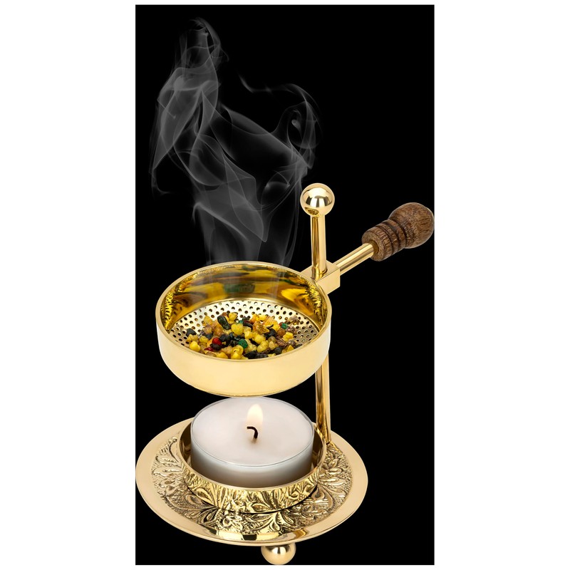 Handcrafted Adjustable Resin Incense Burner in Golden Brass with Wooden