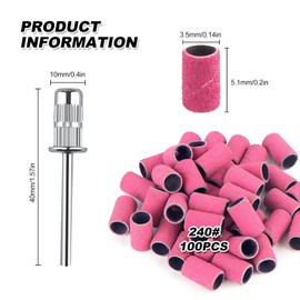Sanding Bands for Nail Drill 240 Grit, 100 Pcs Fine Nail Drill Sanding Bands 240# Grits Pink with Mandrel Bits Kit for Nails Art Manicure