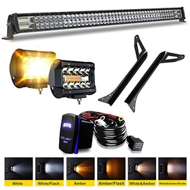 FEELON 5D 52'' inch LED Light Bar + 4'' White/Amber Yellow LED Pods Strobe Fog Light Spot Flood Offroad with Upper Windshield Mounting Brackets and Switch Wiring Harness Fit 1987-1995 Wrangler YJ