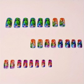 Summer Press on Nails Medium Length Fake Nails Glossy Full Cover Colorful False Nails with Hawaii designs Acrylic Stick on Nails Coffin Shape Glue on Nails for Women Beach Nails Decor24pcs