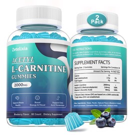 Zetelixia 2 Pack Sugar Free Acetyl L-Carnitine Gummies, L-Carnitine Supplement for Women & Men, with Vitamin C & B12, ALCAR for Energy, Brain & Heart Health Support, Vegan, Non-GMO, 120 Count