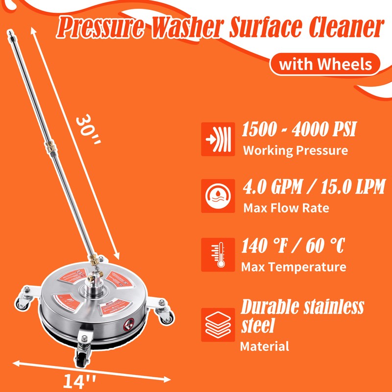 M MINGLE 14'' Pressure Washer Surface Cleaner Attachment, Driveway Power