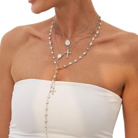 4Pcs/set Wedding Bridal Pearl Necklace for Women Metal Cross Pendant Clavicle Necklace Summer Beach Layered Y Shape Pearl Long Tassel Body Chain Jewelry (Silver)