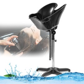 KONKENIE Portable Salon Shampoo Sink Basin Plastic Hairdresser Wash Bowl Hair Stylist Basin Beauty Treatment Spa Salon Hair Wash Station Black,Height&Angle Adjustable (Large Capacity)