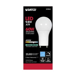 SATCO S29842 9.8 Watt 120 Volt; A19 LED Light Bulb; 4000K Cool White Light; GU24 Base; 220 deg. Beam Angle, Dimmable (24 LED Light Bulbs)