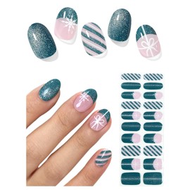 AutyaMee Semi Cured Gel Nail Strips (Green Cat Eye), Christmas Snowflake, Bow, 20 Pcs Gel Nail Wraps, Stickers, Long Lasting, Works with Any UV Lamps
