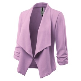 FASHIONOLIC Women's 3/4 Sleeve Blazer Open Front Cardigan Jacket Casual Work Office Blazer (Made in USA) (CLBC001) Lavender L