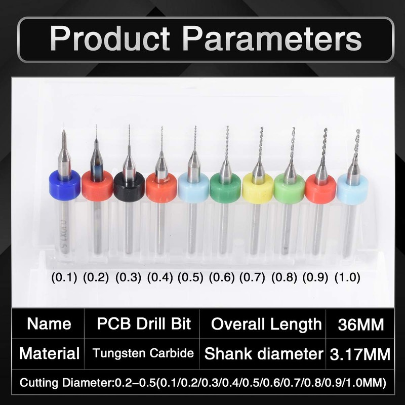 KATUR 10 PCS Mini PCB Drill Bits 0.1-1.0mm, Carbide Spiral