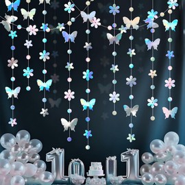 3 Pcs White Butterfly Reflective Party Decorations Garland Twinkle Flowers Hanging Bunting Banner Circle Dots Paper Streamer Garland for Birthday Wedding Engagement Bridal Baby Shower Backdrop 39 Ft