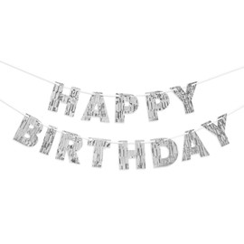 Pre-Strung Silver Happy Birthday Banner– 9ft No DIY Glitter Foil Party Garland for Men, Women, Kids – Wall, Photo Backdrop, Dessert Table Decorations