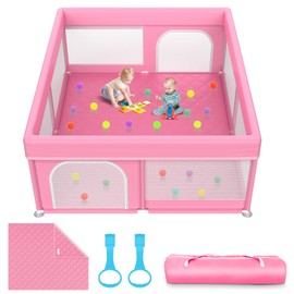 79x71 in Baby Playpen with Mat: Large Play Pen for Babies and Toddlers - Baby Gate Playpen with Soft Breathable Mesh - All-Wrapped Sponge Sturdy Safety Play Yard with 2 Handles & Bag, Pink