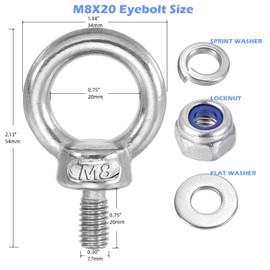 MyyYiTar M8x20mm Eyebolt 304 Stainless Steel Male Threaded Lifting Ring Extended Eye Bolts Screws with Lock Nuts, Lock Washers, Flat Washers,5Pcs