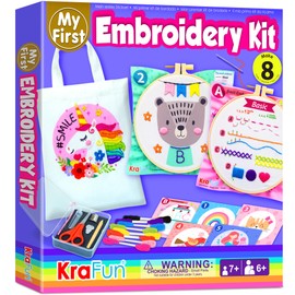 KRAFUN My First Embroidery Kit for Beginners Kids and Teenagers Simple Embroidery Patterns, Hand Embroidery Kit Includes Hoop, Cloth, Instructions for Stitches, Beginner Arts Craft Kit for Adults