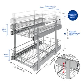 2 Tier Pull Out Cabinet Organizer 11" W X 17" D, Slide Out Drawers for Kitchen Cabinets, Pull Out Drawers for Cabinets Capacity Heavy Duty Caddy, Cabinet Pull Out Shelves Chrome-Plated,Bathroom Pantry
