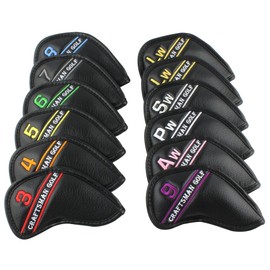 CRAFTSMAN Golf Iron Cover Wedge Cover Headcover Colorful Numbers 12 Pieces (3-9, Pw, Aw, Sw, Lw*2) Synthetic Leather Black (Iron Cover Brand Embroidery)