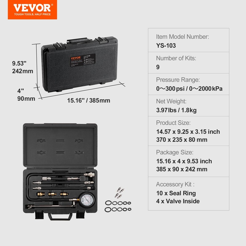 VEVOR Compression Tester Adapter Kit, 9 Pcs Automotive Engine Cylinder