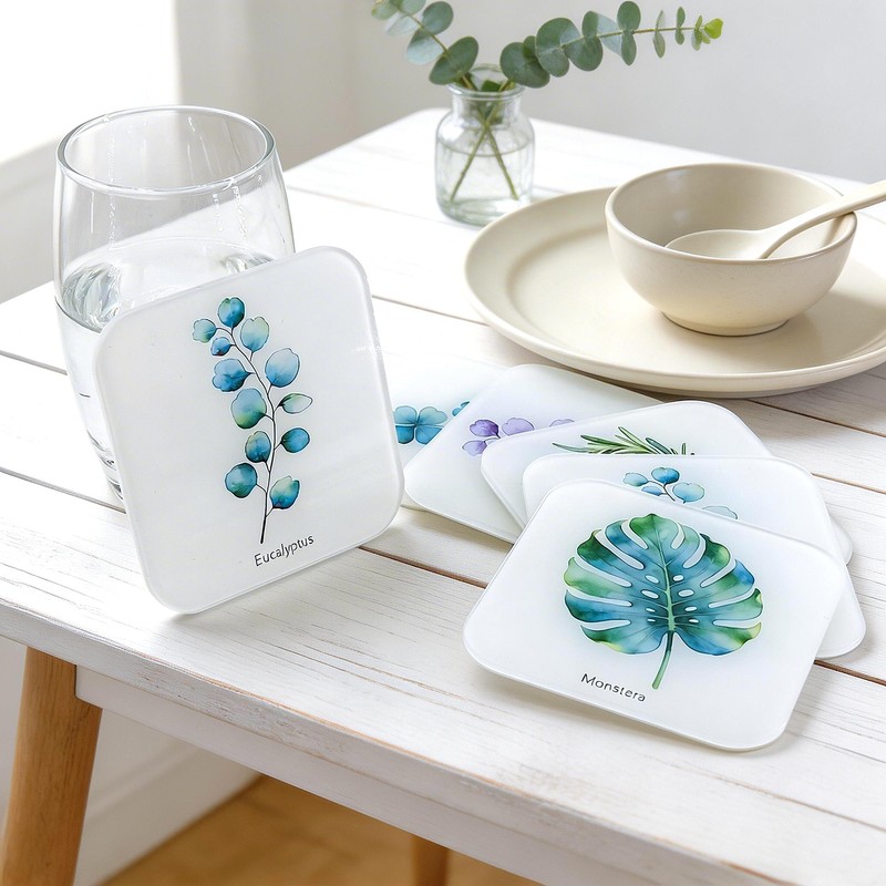Watercolor Botanical Acrylic Coasters, Double-Sided UV Printed, CNC Polished Edges,