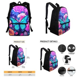 HELLHERO 4 in 1 Butterfly Backpack for Girls with Lunch Box Pencil Purse Teen Girls School Bag Kids School Backpacks Primary Schoolbag Water Bottle Sleeve Elementary Preschool Kindergarten Bookbag