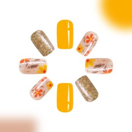 Fall Press on Nails Short Square Fake Nails Light Orange RIICFDD False Nails with Flowers and Leaf Pattern Design Gold Glitter Full Cover Autumn Stick on Nails for Women Acrylic Nails 24 Pcs