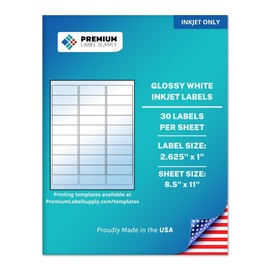 Premium Label Supply Glossy White Address Sticker Labels – 2.625" x 1" – (30 per Sheet) (Glossy White for Inkjet Only, 750 Labels)
