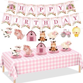 Farm Animals Theme Birthday Party Decorations Banner for Girls Baby Shower Pink Farmhouse Barnyard Happy Birthday Banner Tablecloth Honeycomb Centerpiece for Baby Shower Bday Party Supplies