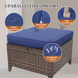 INTER HUT Canyon Ridge Wicker Outdoor Ottomans Set of 2, Patio Ottoman Foot Rest for Couch with Removable Cushions for Patio, Deck, Backyard and Poolside, Brown/Blue