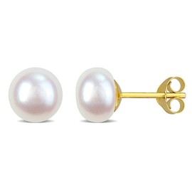 Abbie+Cleo Cultured freshwater white pearl stud earrings - Pendientes de Perlas - womens pearl earrings - 925 sterling silver earrings studs - butterfly clasp (Yellow - Button - 8mm)
