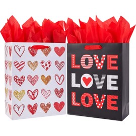 SUNCOLOR Large Valentine's Day Gift Bags with Tissue Paper, Red and White Love Heart Design, 13x10.2x4.9 Inches, 2 Pack with 6 Tissue Sheets