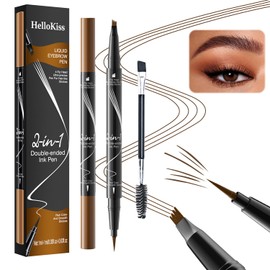 Hellokiss Liquid Eyebrow Pen, 2 in 1 Dual-ended Natural 4 Fork Tip Liquid Eyebrow Pencil with Eyebrow Brush, New Upgraded Waterproof Microblading Eyebrow Pencil, Natural Long-Lasting (01#Light Brown)