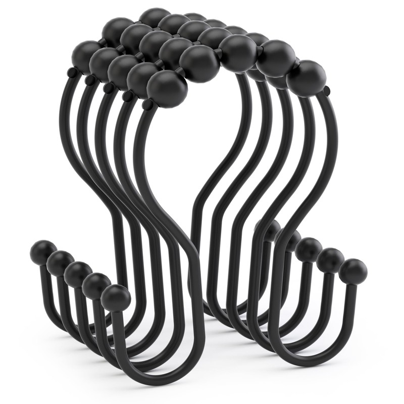 AmazerBath 12Pcs Black Metal Double Shower Hooks, Shower Curtain Rings,