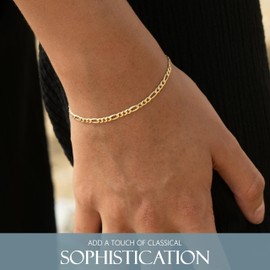 KISPER 18K Gold Over 925 Sterling Silver Italian 3mm Solid Diamond-Cut Figaro Link Chain Bracelet - for Men & Women with Lobster Clasp - Made in Italy, 7"