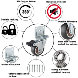 1.5 Inches Side Mount Caster Wheels Set of 4 L-Shaped Rubber Small Locking Swivel Caster Heavy-Duty Double Plate Castor with Brake Industrial Metal Wheel for Workbench, Furniture, Cabinet, Woodbox