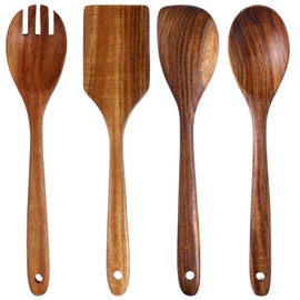 YUXIANLB Wooden Kitchen Utensils Set, 4 Pcs Wooden Spoons for Cooking, Natural Teak Wood Spatulas Spoon, Non-stick Wooden Cooking Utensils with Corner Spoon Soup Ladle, Wok Spatulas and Salad Fork