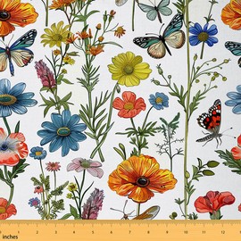 Feelyou Dragonfly Upholstery Fabric, Poppy Flower Butterfly Fabric by The Yard, Garden Colorful Floral Decorative Fabric for Upholstery and Home DIY Projects, Outdoor Fabric, 5 Yards, Orange Green