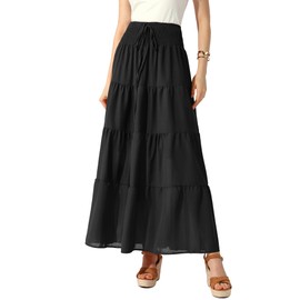 Allegra K Women's Boho Skirts Summer Smocked Elastic Waist Tiered A-Line Beach Maxi Skirt Black Small