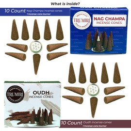 TRUMIRI Incense Cones - Combo Pack of 20 Cone Incense - 10 Nag Champa + 10 Oud - Insence Cones - Incense Cones Scented - Cone Incense Scents - Insense Cones - Incent Cone