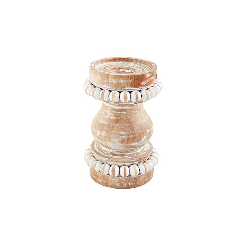 Mud Pie Short Beaded Candlestick, Tan, 4" x 7"