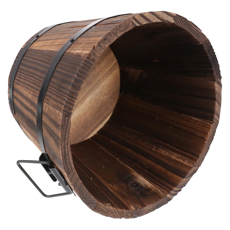 Happyyami Wooden Round Barrel Planter Retro Style Flat Mouth Flower