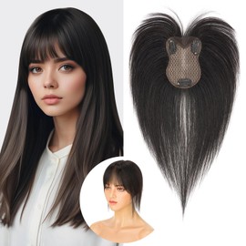 S-noilite Toupees for Women with Fringe 8 x 11 cm - 100% Real Hair Topper Hair Extensions Real Hair Women's Hair Thickening #1B Natural Black 21 g