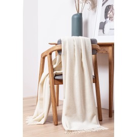 Drobė HOME Wool Blanket Made of 100% Pure Merino Wool, 140 x 200 cm, Wool White, Soft, Plain Virgin Wool Blanket with Herringbone Pattern and Fringes, Perfect as a Throw Sofa Blanket, Bedspread