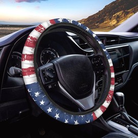 Quelytytrip American Flag Print Car Steering Wheel Cover Universal 15 inch,Elastic Steering Wheel Cover Men