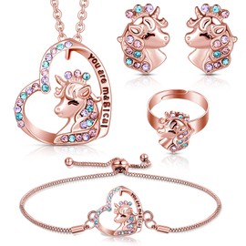 Herdear 4 Pcs Girls Unicorn Jewelry Set Unicorn Necklace Bracelet Ring Stud Earrings for Kids Rainbow Unicorn Jewelry (Rose Gold)